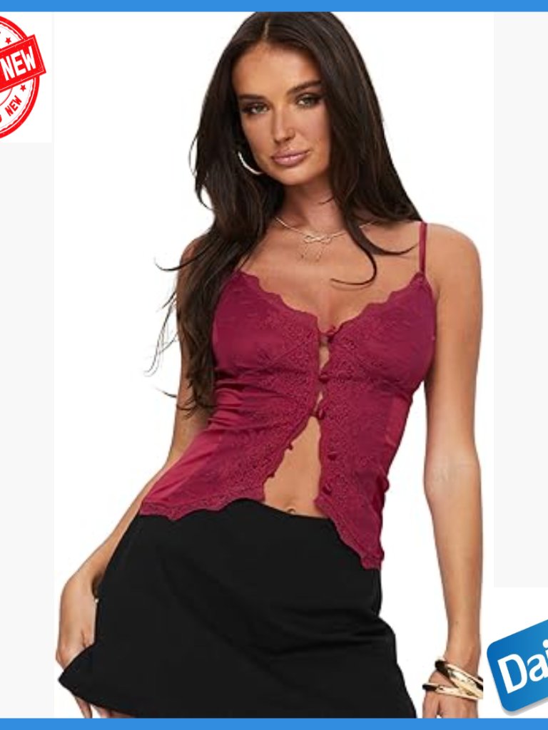 Slim Fit Lace Mesh Crop Top With Adjustable Straps Button Front